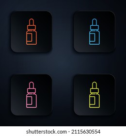 Color Neon Line Essential Oil Bottle Icon Isolated On Black Background. Organic Aromatherapy Essence. Skin Care Serum Glass Drop Package. Set Icons In Square Buttons. Vector