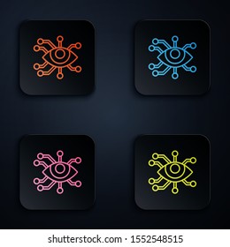 Color neon line Eye scan icon isolated on black background. Scanning eye. Security check symbol. Cyber eye sign. Set icons in colorful square buttons. Vector Illustration