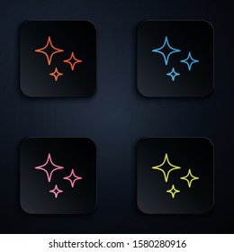 Color neon line Falling star icon isolated on black background. Shooting star with star trail. Meteoroid, meteorite, comet, asteroid, star icon. Set icons in square buttons. Vector Illustration