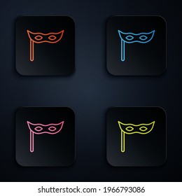 Color neon line Festive mask icon isolated on black background. Merry Christmas and Happy New Year. Set icons in square buttons. Vector