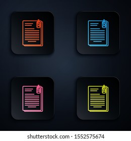 Color neon line File document and paper clip icon isolated on black background. Checklist icon. Business concept. Set icons in colorful square buttons. Vector Illustration