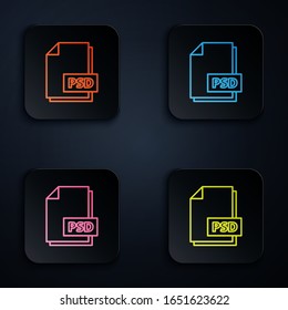 Color neon line file document. Download psd button icon isolated on black background. ile symbol. Set icons in square buttons. Vector Illustration