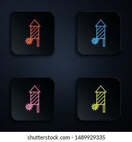 Color neon line Firework rocket icon isolated on white background. Concept of fun party. Explosive pyrotechnic symbol. Set icons in colorful square buttons. Vector Illustration