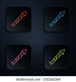 Color neon line Firework rocket icon isolated on black background. Concept of fun party. Explosive pyrotechnic symbol. Set icons in colorful square buttons. Vector Illustration