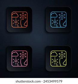 Color neon line Firework rocket icon isolated on black background. Concept of fun party. Explosive pyrotechnic symbol. Set icons in square buttons. Vector