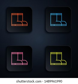Color neon line Fishing boots icon on white background. Waterproof rubber boot. Gumboots for rainy weather, fishing, hunter, gardening. Set icons in colorful square buttons. Vector Illustration
