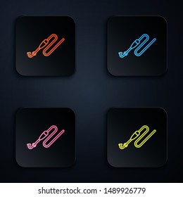 Color neon line Fishing line with hook and float icon isolated on white background. Fishing tackle. Set icons in colorful square buttons. Vector Illustration