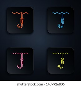 Color neon line Fishing hook under water icon isolated on white background. Fishing tackle. Set icons in colorful square buttons. Vector Illustration