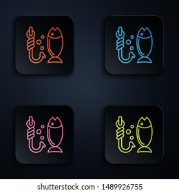 Color neon line Fishing icon isolated on white background. Fish and hook. Strategy concept. Bait sign. Set icons in colorful square buttons. Vector Illustration
