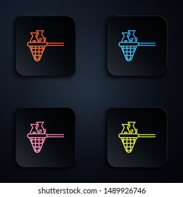 Color neon line Fishing net with fish icon isolated on white background. Set icons in colorful square buttons. Vector Illustration