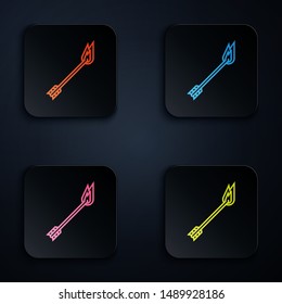 Color neon line Flame arrow icon isolated on white background. Hipster arrow icon. Set icons in colorful square buttons. Vector Illustration