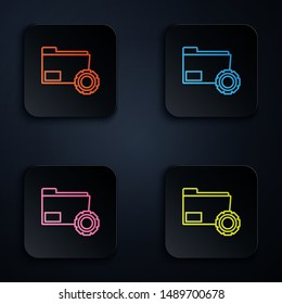 Color neon line Folder settings with gears icon on white background. Software update, transfer protocol, teamwork tool management, copy process. Set icons in colorful square buttons. Vector Illustrati