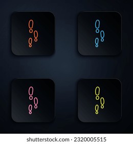 Color neon line Footsteps icon isolated on black background. Detective is investigating. To follow in the footsteps. Set icons in square buttons. Vector Illustration