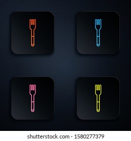 Color neon line Fork icon isolated on black background. Cutlery symbol. Set icons in square buttons. Vector Illustration