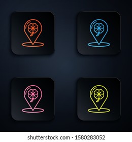 Color neon line Four leaf clover icon isolated on black background. Happy Saint Patrick day. Set icons in colorful square buttons. Vector Illustration