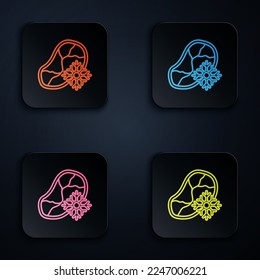 Color neon line Fresh frozen steak meat icon isolated on black background. Set icons in square buttons. Vector Illustration