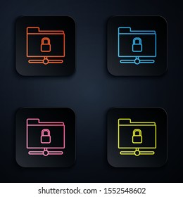 Color neon line FTP folder and lock icon isolated on black background. Concept of software update. Security, safety, protection concept. Set icons in colorful square buttons. Vector Illustration