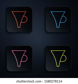Color neon line Funnel or filter icon isolated on black background. Set icons in square buttons. Vector Illustration