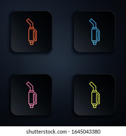Color neon line Gasoline pump nozzle icon isolated on black background. Fuel pump petrol station. Refuel service sign. Gas station icon. Set icons in square buttons. Vector Illustration