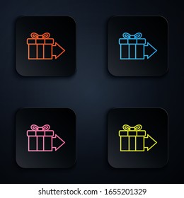 Color neon line Gift box icon isolated on black background. Set icons in square buttons. Vector Illustration