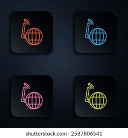 Color neon line Global technology or social network icon isolated on black background. Set icons in square buttons. Vector Illustration