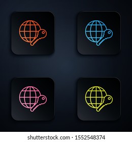 Color neon line Globe key icon isolated on black background. Set icons in colorful square buttons. Vector Illustration