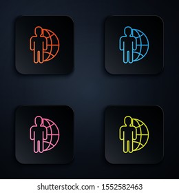 Color neon line Globe and people icon isolated on white background. Global business symbol. Social network icon. Set icons in colorful square buttons. Vector Illustration