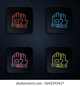 Color neon line Gloves icon isolated on black background. Extreme sport. Sport equipment. Set icons in square buttons. Vector