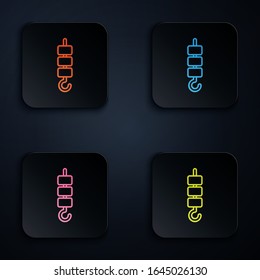 Color neon line Grilled shish kebab on skewer stick icon isolated on black background. Meat kebab on skewer stick. Picnic with grilled meat. Set icons in square buttons. Vector Illustration