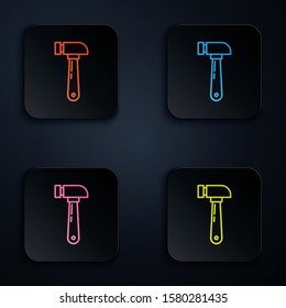Color neon line Hammer icon isolated on black background. Tool for repair. Set icons in colorful square buttons. Vector Illustration
