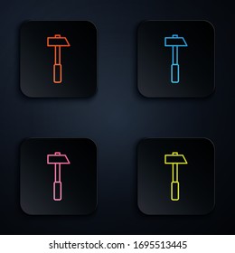 Color neon line Hammer icon isolated on black background. Tool for repair. Set icons in square buttons. Vector Illustration