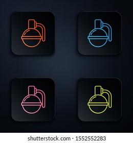 Color neon line Hand grenade icon isolated on black background. Bomb explosion. Set icons in colorful square buttons. Vector Illustration