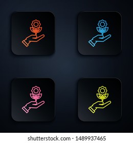 Color neon line Hand holding flower icon isolated on white background. Seed and seedling. Planting sapling. Ecology concept. Set icons in colorful square buttons. Vector Illustration