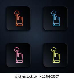 Color neon line Hand touch and tap gesture icon isolated on black background. Click here, finger, touch, pointer, cursor, mouse symbol. Set icons in square buttons. Vector Illustration