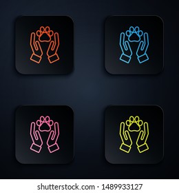 Color neon line Hands with animals footprint icon isolated on white background. Pet paw in heart. Love to the animals. Set icons in colorful square buttons. Vector Illustration