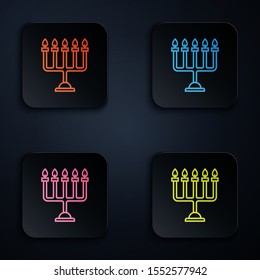 Color neon line Hanukkah menorah icon isolated on black background. Hanukkah traditional symbol. Holiday religion, jewish festival of Lights. Set icons in colorful square buttons. Vector Illustration