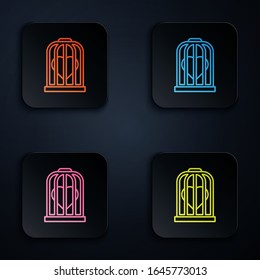 Color neon line Heart in the bird cage icon isolated on black background. Love sign. Valentines symbol. Set icons in square buttons. Vector Illustration