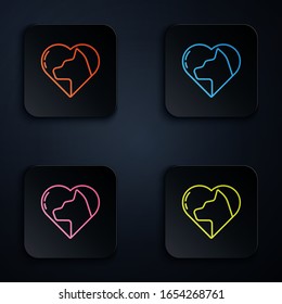 Color neon line Heart with cat icon isolated on black background. Love to the animals. Set icons in square buttons. Vector Illustration