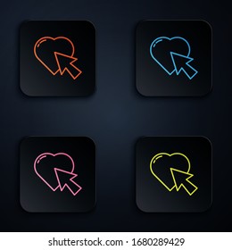 Color neon line Heart and cursor click icon isolated on black background. Online dating. Click on like button. International Happy Women Day. Set icons in square buttons. Vector Illustration