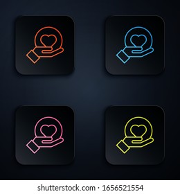 Color neon line Heart on hand icon isolated on black background. Hand giving love symbol. Set icons in square buttons. Vector Illustration