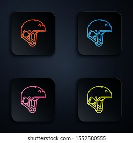 Color neon line Helmet icon isolated on black background. Extreme sport. Sport equipment. Set icons in colorful square buttons. Vector Illustration