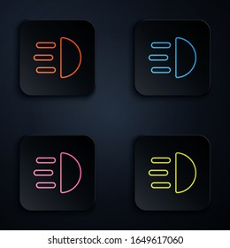 Color neon line High beam icon isolated on black background. Car headlight. Set icons in square buttons. Vector Illustration