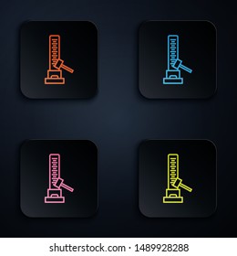 Color neon line High striker attraction with big hammer icon isolated on white background. Attraction for measuring strength. Amusement park. Set icons in colorful square buttons. Vector Illustration