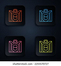 Color neon line Hiking backpack icon isolated black background  Camping   mountain exploring backpack  Set icons in square buttons  Vector