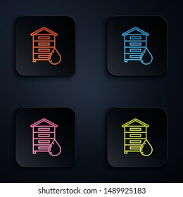 Color neon line Hive for bees icon isolated on white background. Beehive symbol. Apiary and beekeeping. Sweet natural food. Set icons in colorful square buttons. Vector Illustration