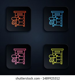 Color neon line Hive for bees icon isolated on white background. Beehive symbol. Apiary and beekeeping. Sweet natural food. Set icons in colorful square buttons. Vector Illustration