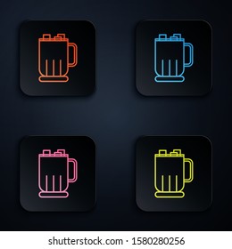 Color neon line Hot chocolate cup with marshmallows icon isolated on black background. Merry Christmas and Happy New Year. Set icons in colorful square buttons. Vector Illustration