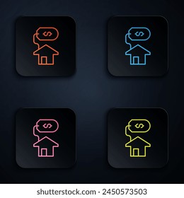 Color neon line House with dollar symbol icon isolated on black background. Home and money. Real estate concept. Set icons in square buttons. Vector