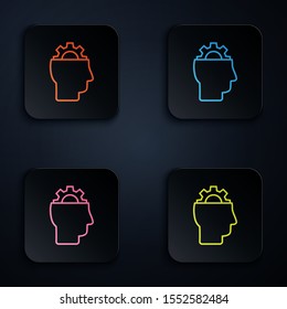 Color neon line Human with gear inside icon isolated on white background. Artificial intelligence. Thinking brain sign. Symbol work of brain. Set icons in colorful square buttons. Vector Illustration