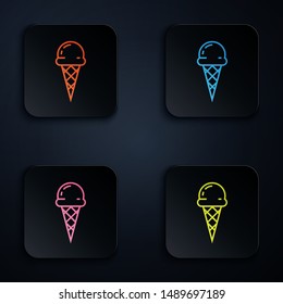 Color neon line Ice cream in waffle cone icon isolated on white background. Sweet symbol. Set icons in colorful square buttons. Vector Illustration